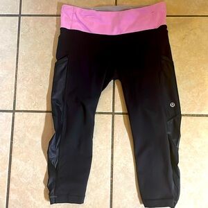 LULULEMON Pink Black RUCHED POCKETS CROP Athletic Workout Yoga PANTS 4!